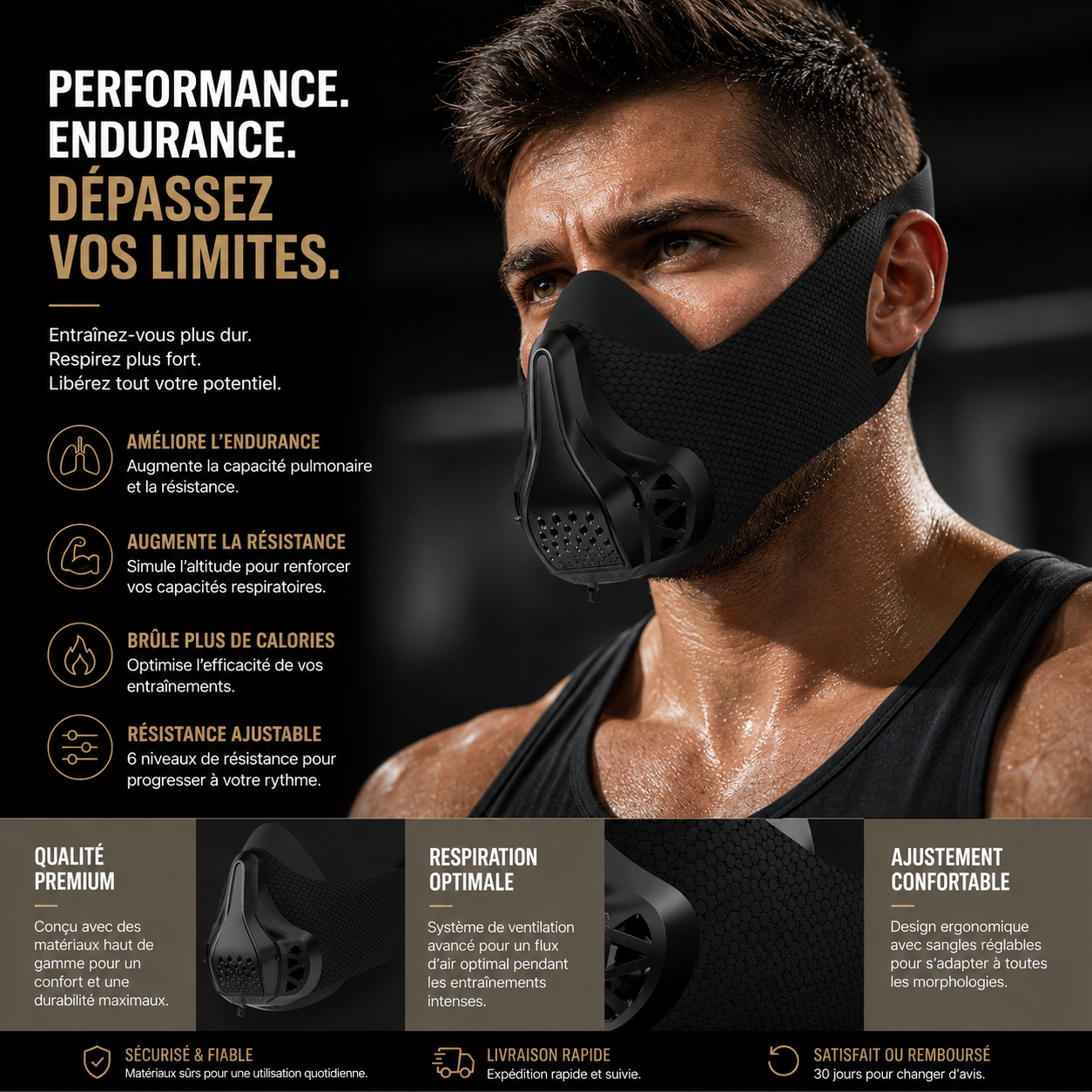 Masque d'Entraînement FDBRO – 48 Niveaux de Résistance Respiratoire