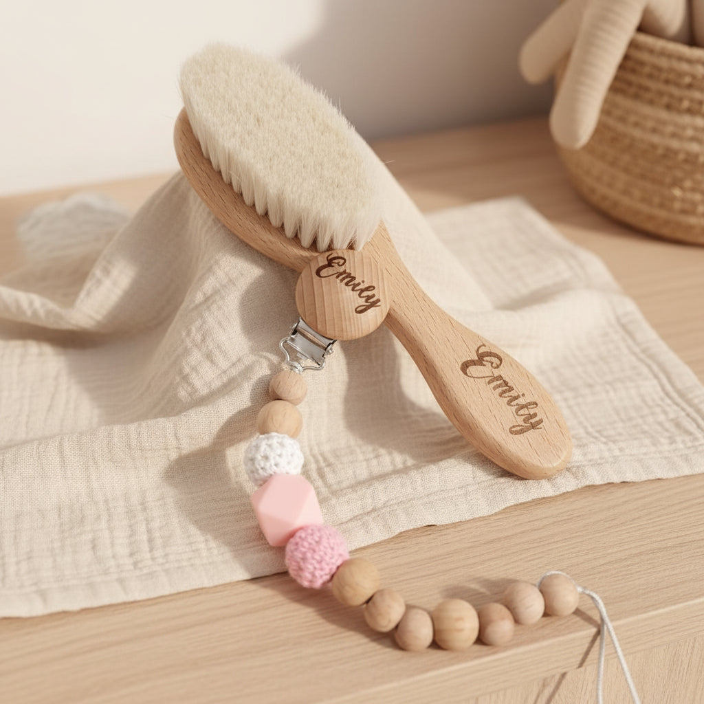 Coffret Cadeau Bébé Personnalisé – Brosse, Hochets & Plaque Prénom en Bois