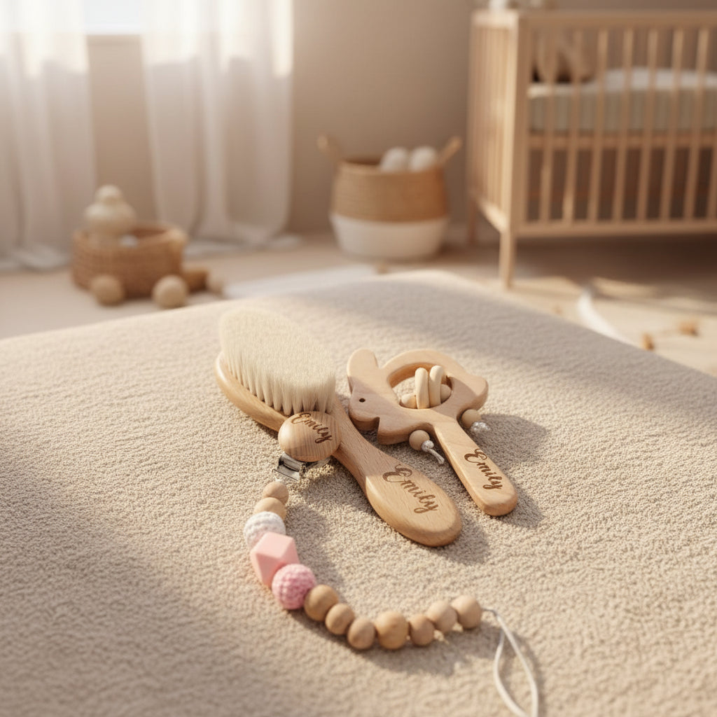 Coffret Cadeau Bébé Personnalisé – Brosse, Hochets & Plaque Prénom en Bois