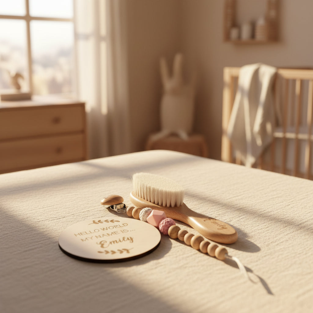 Coffret Cadeau Bébé Personnalisé – Brosse, Hochets & Plaque Prénom en Bois
