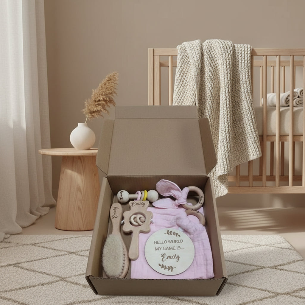 Coffret Cadeau Bébé Personnalisé – Brosse, Hochets & Plaque Prénom en Bois