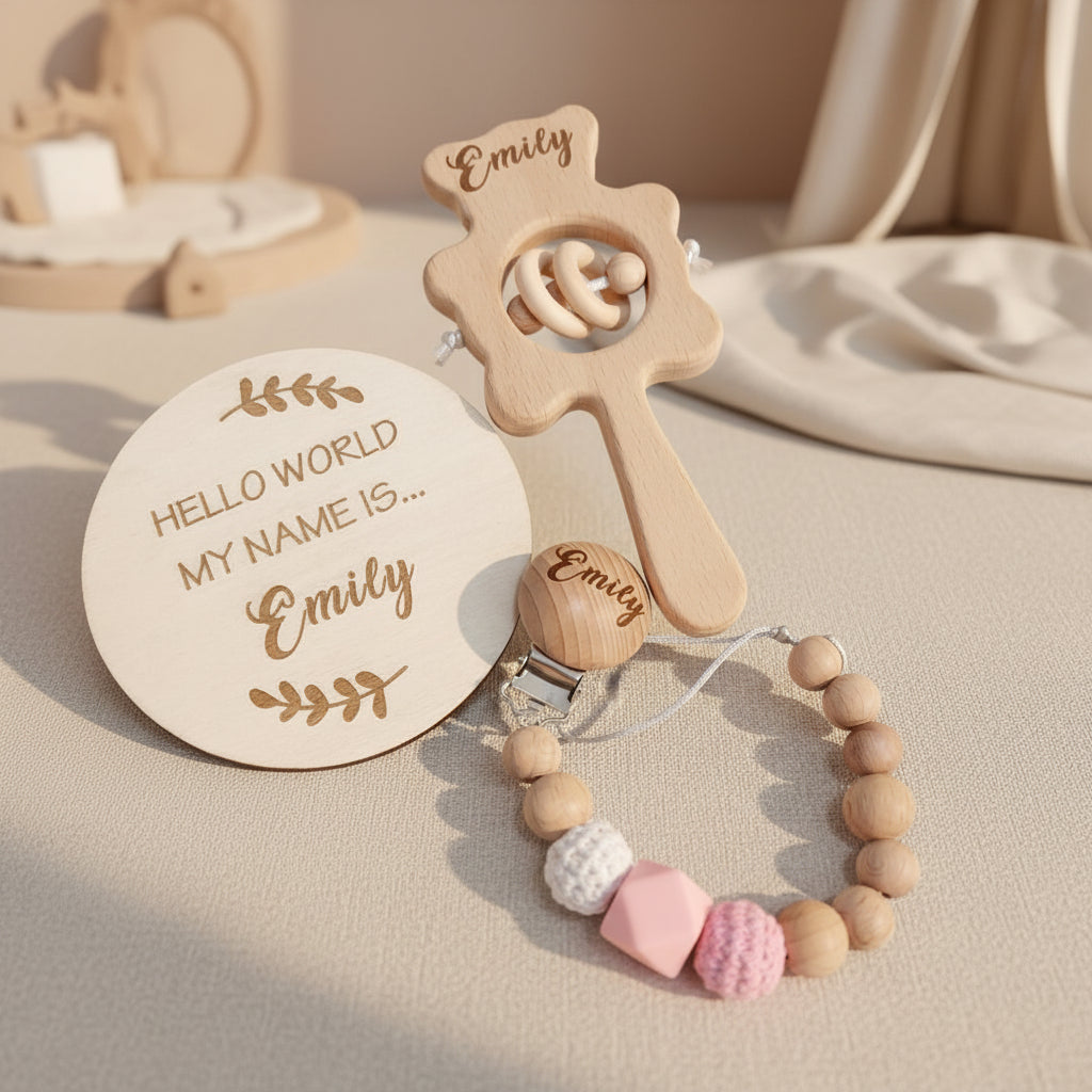 Coffret Cadeau Bébé Personnalisé – Brosse, Hochets & Plaque Prénom en Bois