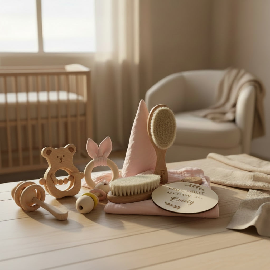 Coffret Cadeau Bébé Personnalisé – Brosse, Hochets & Plaque Prénom en Bois