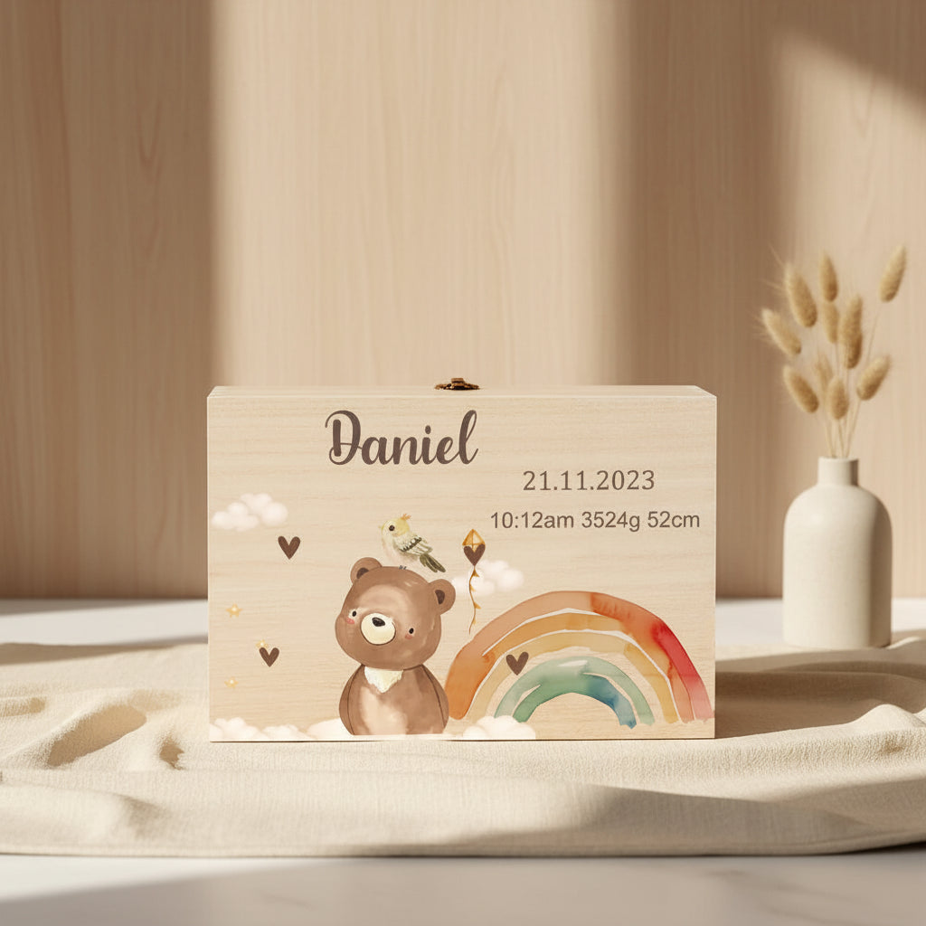 Boîte Souvenir Personnalisée – Coffret Mémoire Prénom & Animaux en Bois