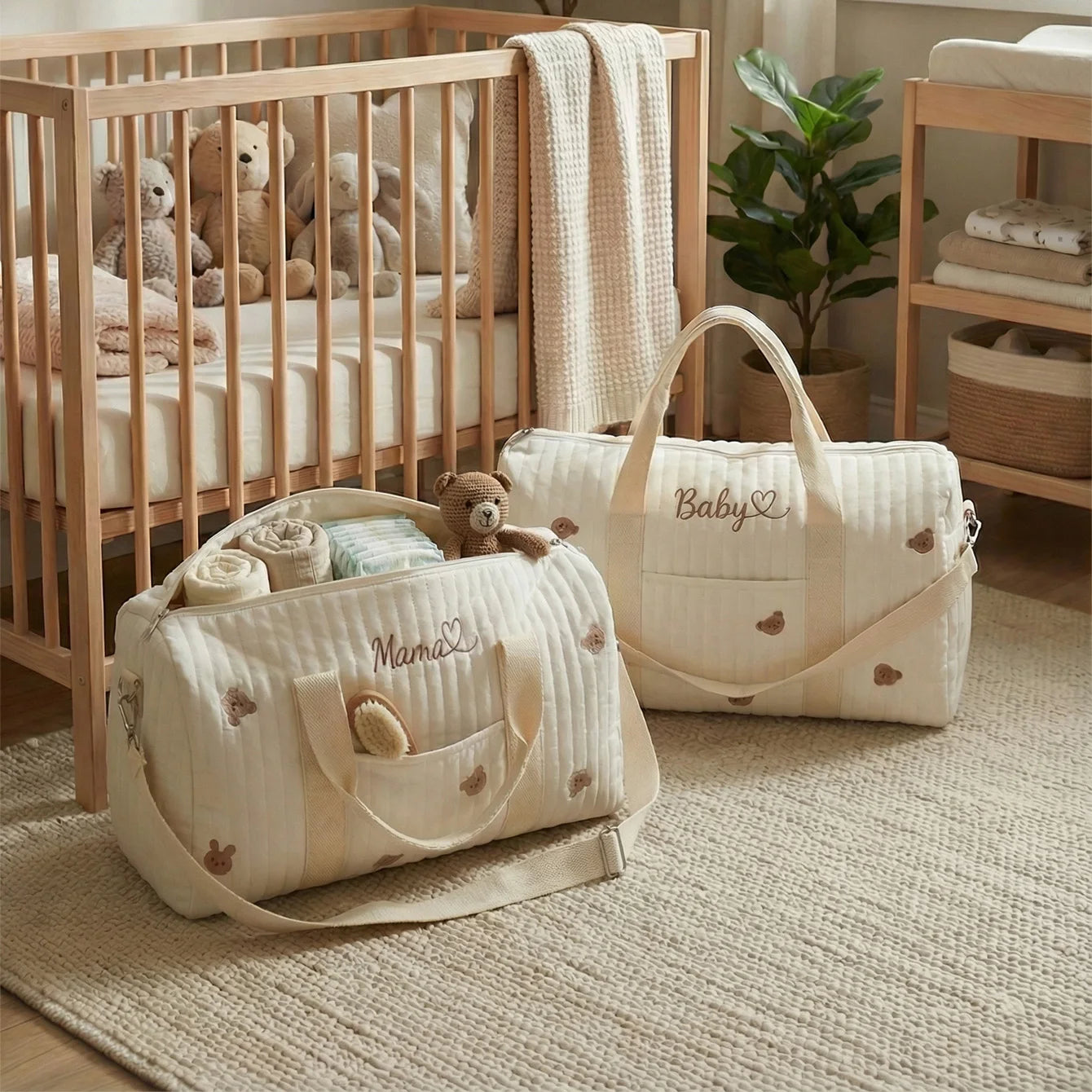 Sac Maternité Brodé Prénom | Grand Format Automne-Hiver | Porté Main & Bandoulière | Maman & Bébé