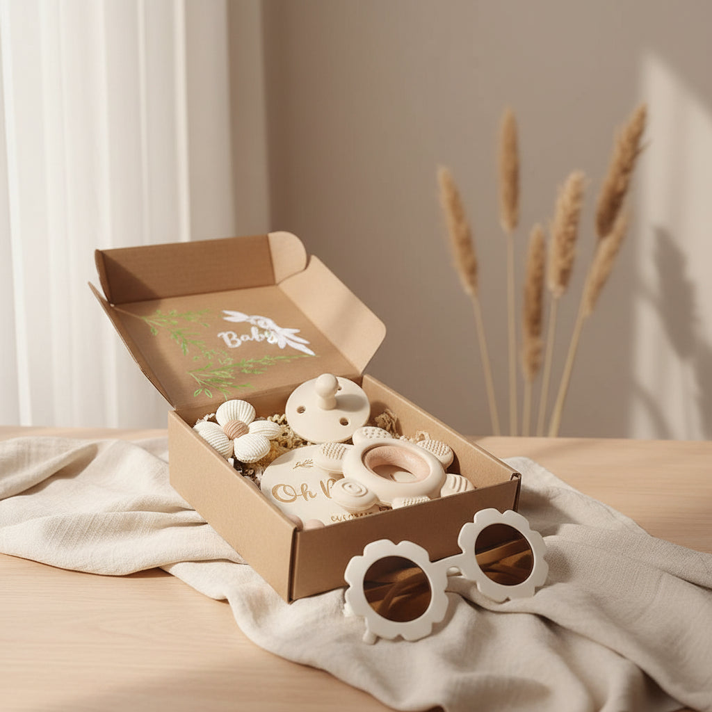 Coffret Cadeau Bébé – Anneau de Dentition, Sucette Fleur & Lunettes