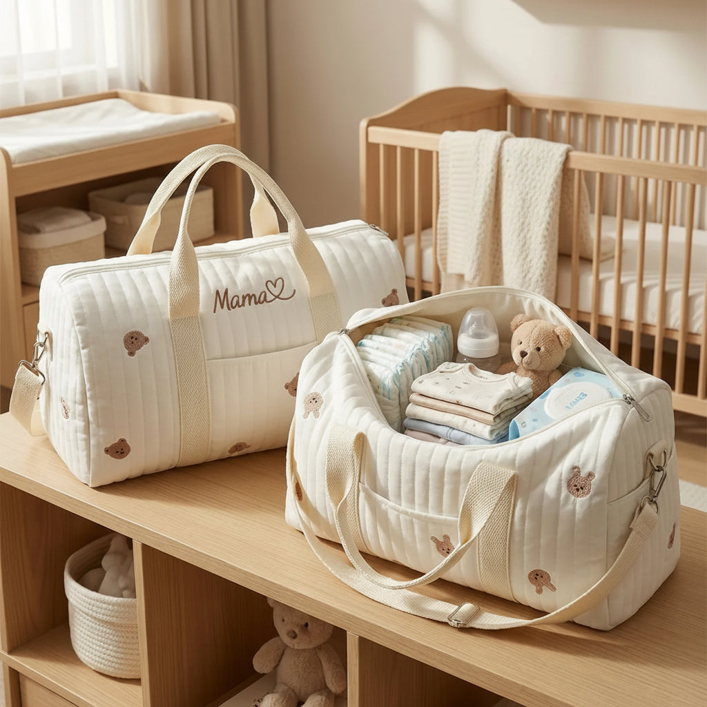 Sac Maternité Brodé Prénom | Grand Format Automne-Hiver | Porté Main & Bandoulière | Maman & Bébé