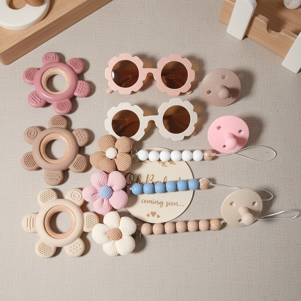 Coffret Cadeau Bébé – Anneau de Dentition, Sucette Fleur & Lunettes