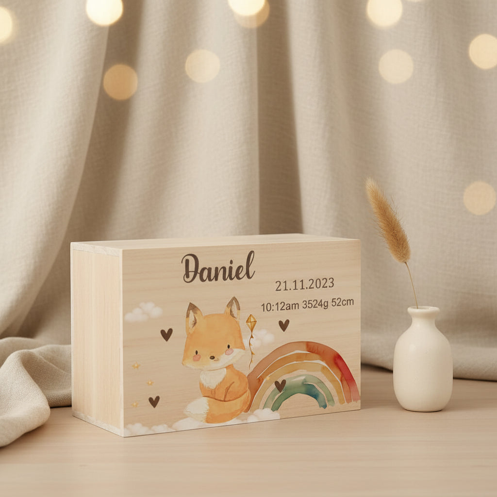 Boîte Souvenir Personnalisée – Coffret Mémoire Prénom & Animaux en Bois