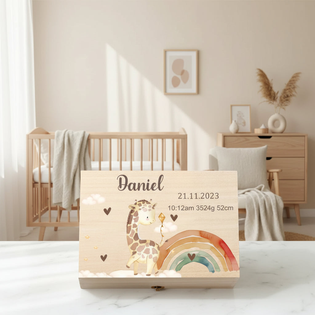 Boîte Souvenir Personnalisée – Coffret Mémoire Prénom & Animaux en Bois