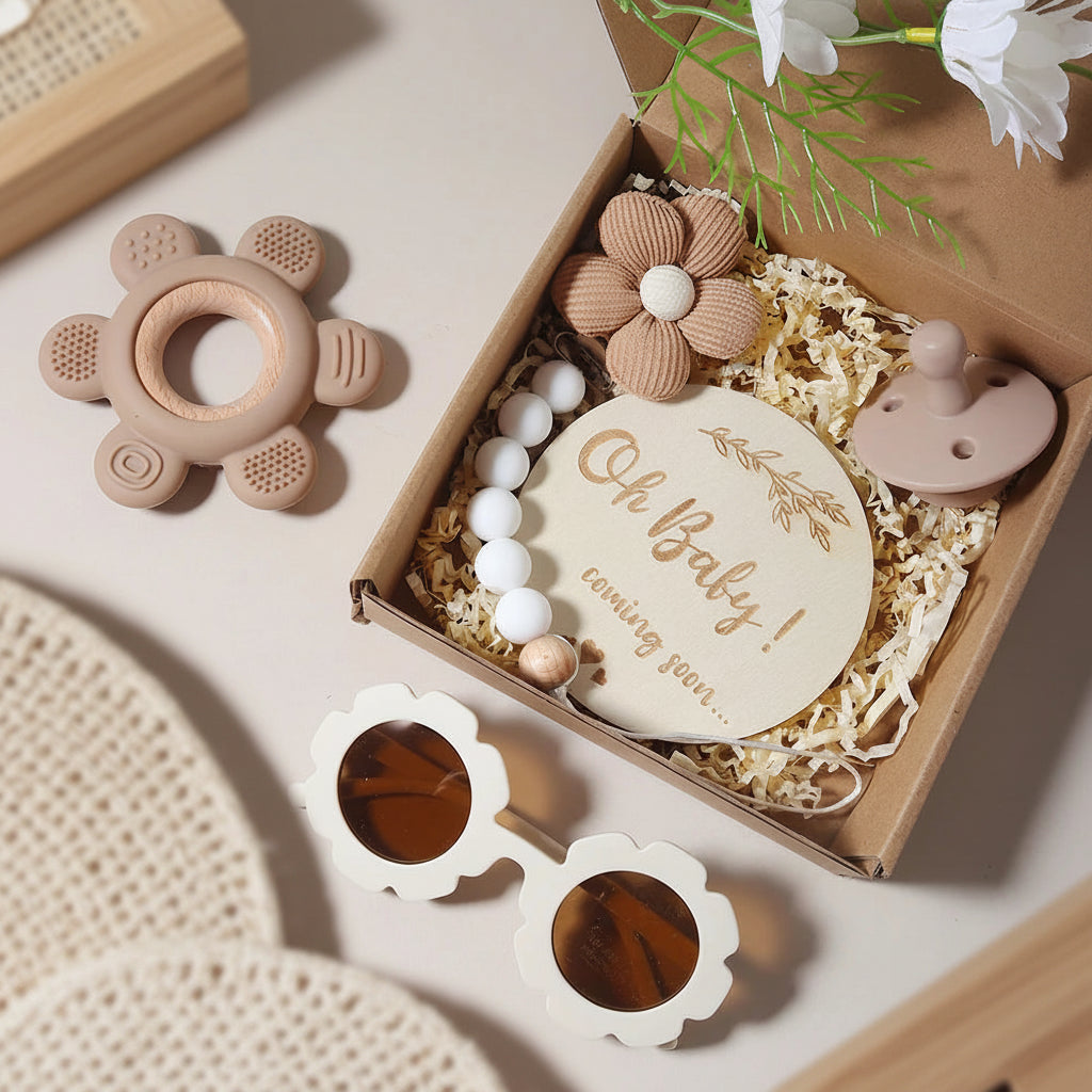 Coffret Cadeau Bébé – Anneau de Dentition, Sucette Fleur & Lunettes