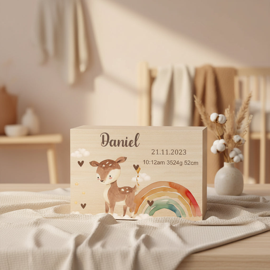 Boîte Souvenir Personnalisée – Coffret Mémoire Prénom & Animaux en Bois