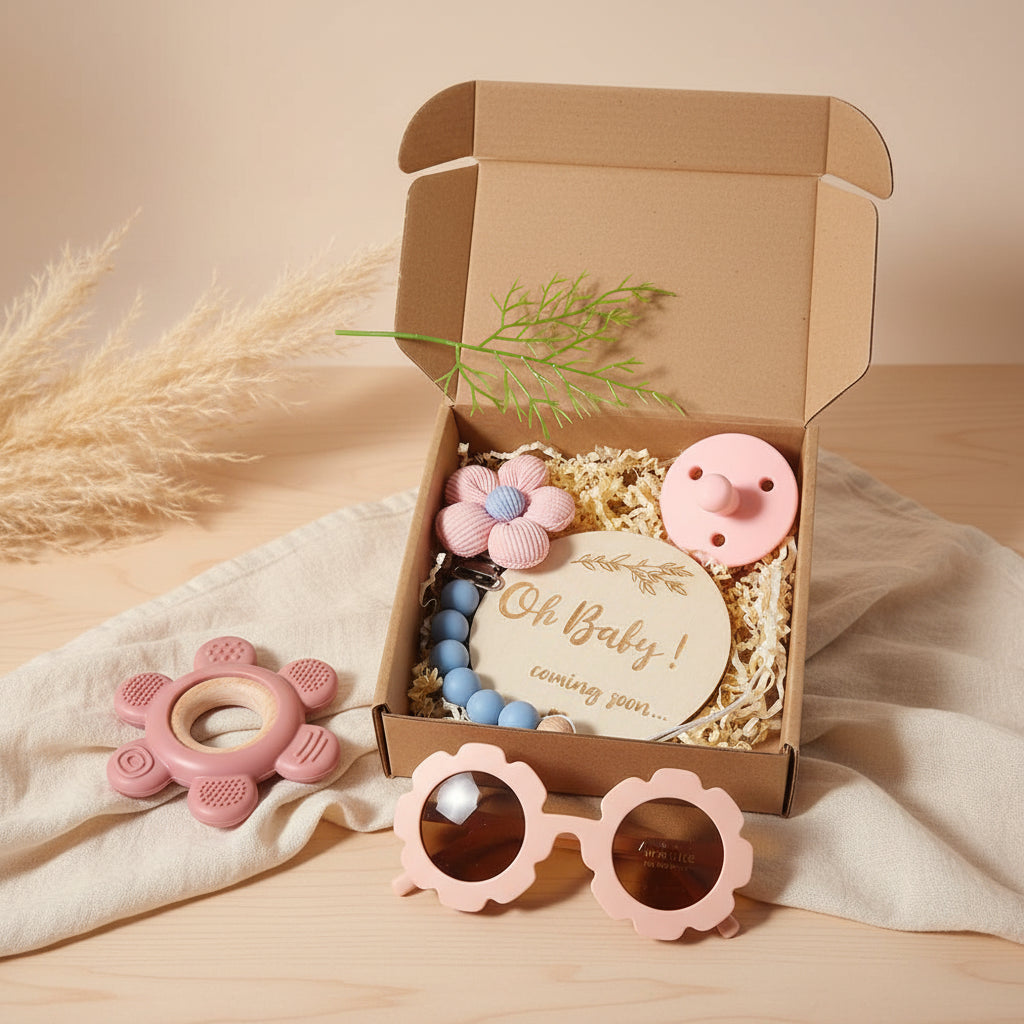 Coffret Cadeau Bébé – Anneau de Dentition, Sucette Fleur & Lunettes