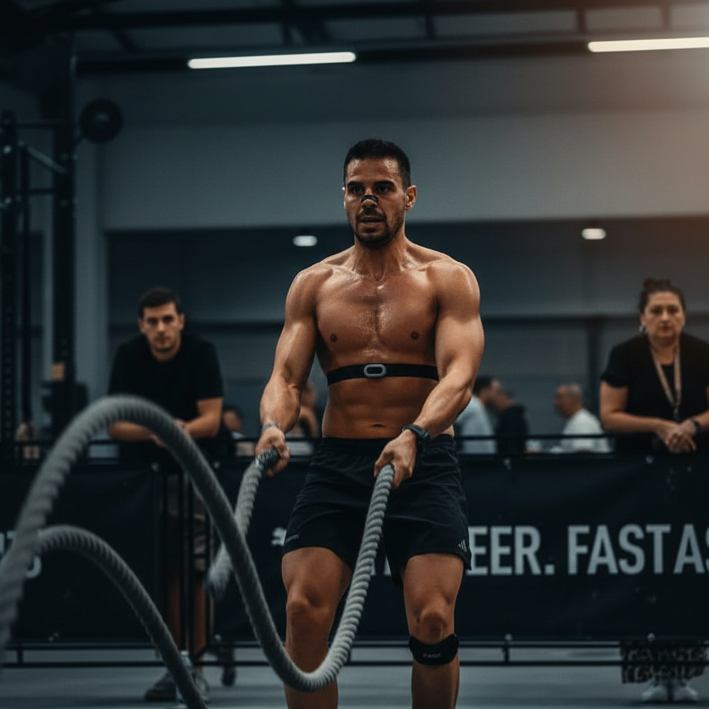 Nasal strip noir porté pendant un entraînement crossfit intense