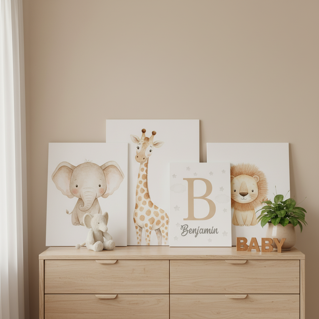 Poster posé sur commode bois clair nursery