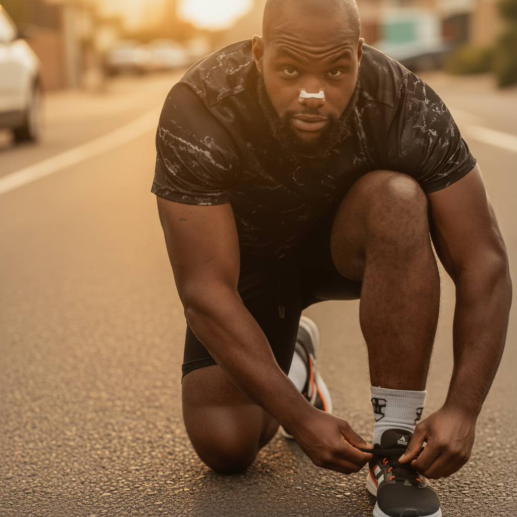 Nasal strip beige porté par un coureur au lever du soleil